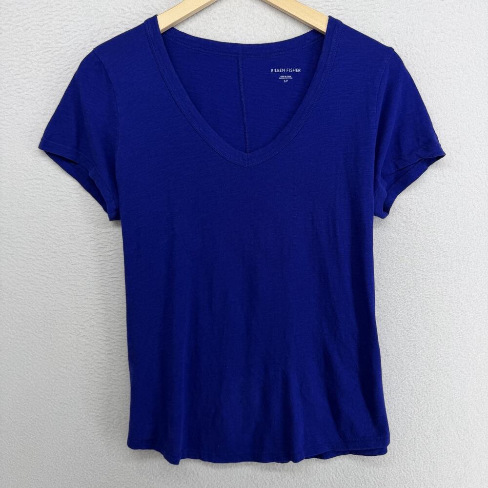 EILEEN FISHER Top S Slub Organic Cotton Jersey V-Neck Short Sleeve Basic Blue